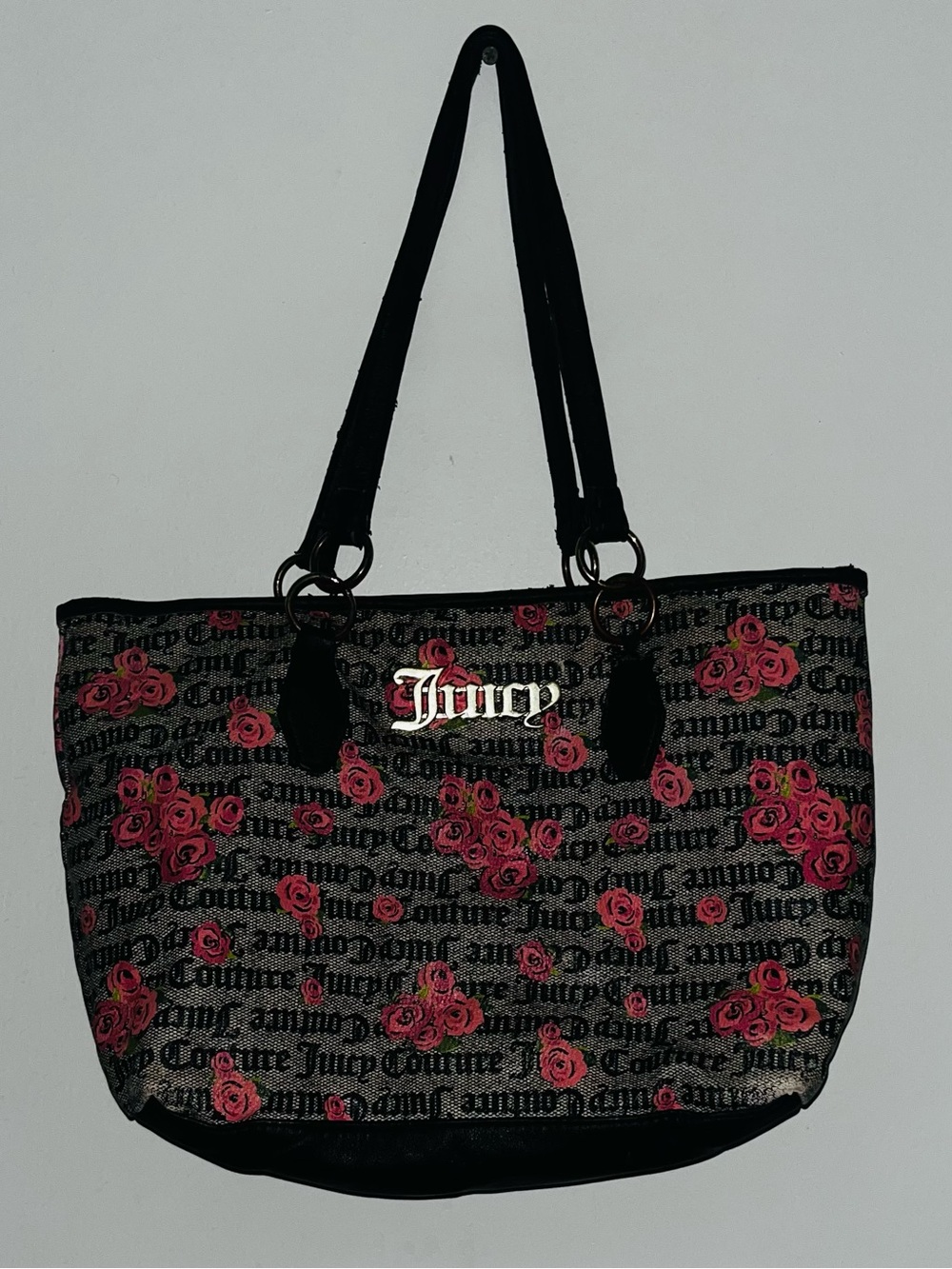 Juicy Couture Black Tote with Pink Rose Print and Logo